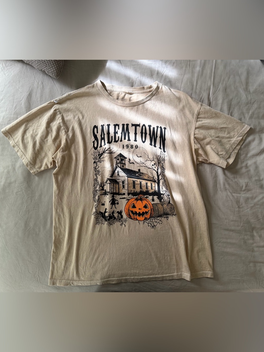 Rebellious One Cream SalemTown 1980 Halloween Graphic Tee with Orange Pumpkin